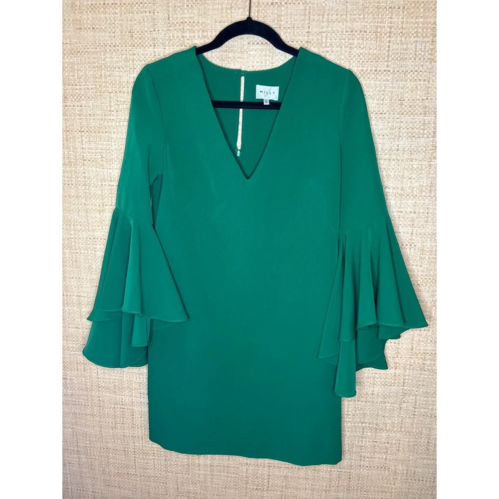 Milly Green V-Neck Tiered Ruffle Bell Sleeve Mini Shift Dress Size 4 Made in USA